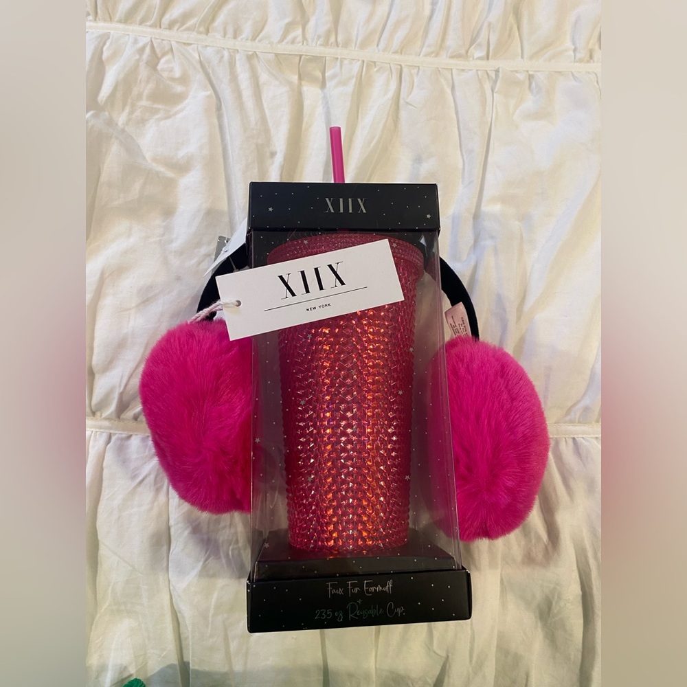 XIIX New York Pink Rhinestone Tumbler & Faux Fur Earmuffs Gift Set NWT